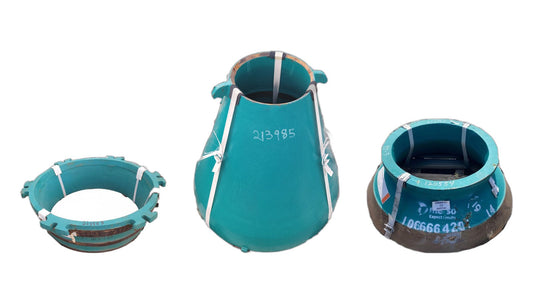 Cone crusher wear parts, a concave, a mantle and a bowl liner, strapped for shipping