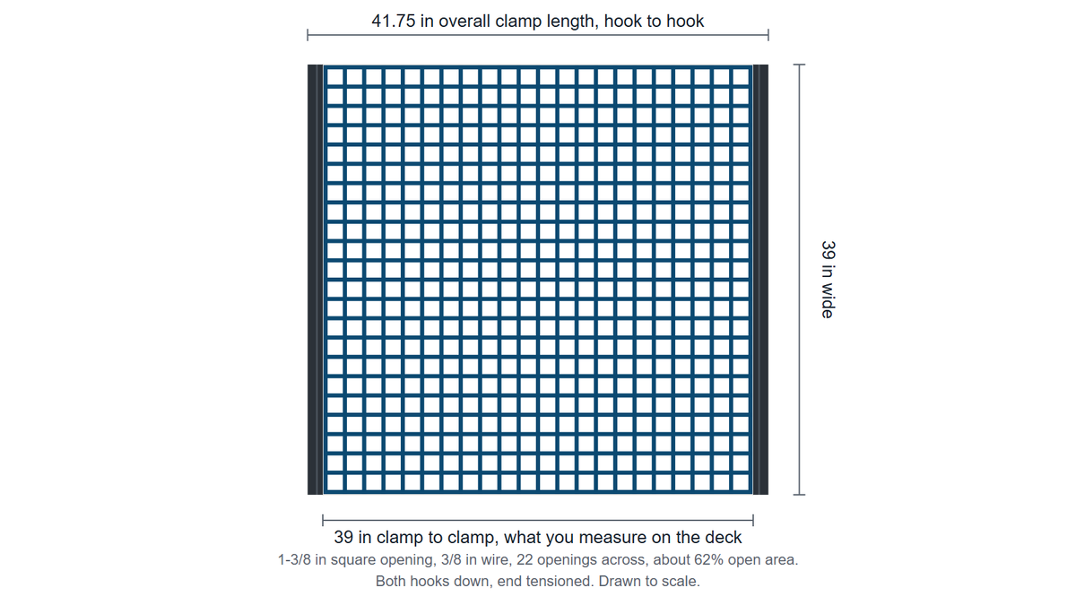 A woven wire screen section drawn to scale: 41.75 inches overall hook to hook, 39 inches clamp to clamp, 39 inches wide, 1-3/8 inch square openings with 3/8 inch wire, hook strips at both ends