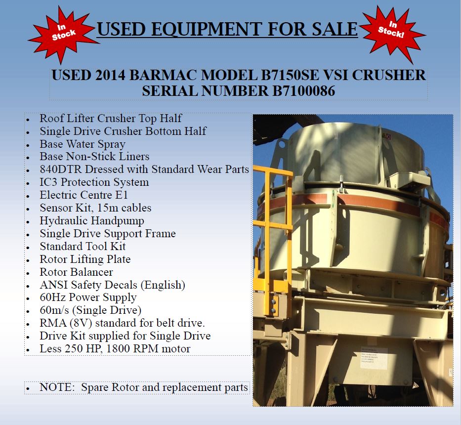 Used 2014 Metso Barmac B7150SE Vertical Shaft Impact Crusher